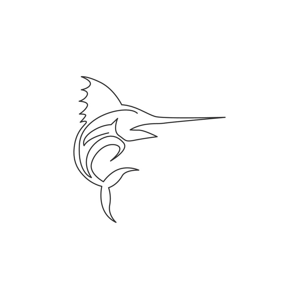 Single continuous line drawing of large marlin for marine company logo identity. Jumping swordfish mascot concept for fishing tournament icon. One line draw graphic design vector illustration