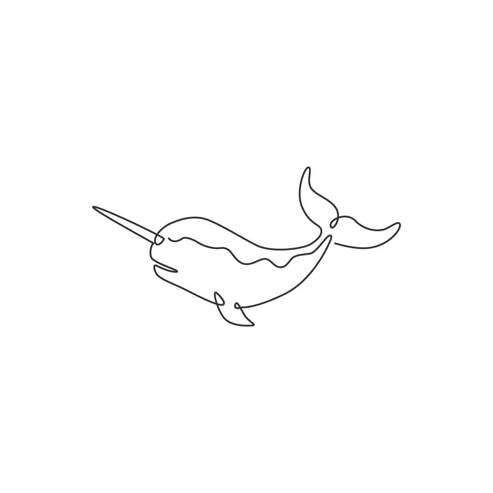 One continuous line drawing of cute narwhal with tusk for marine company logo identity. Unique narwhale mascot concept for fairy creature icon. Single line draw design graphic vector illustration