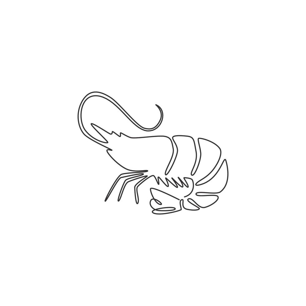 dibujo de línea continua única de camarones grandes para la identidad del logotipo de mariscos saludables. concepto de mascota de langostinos para el icono de restaurante chino. Ilustración de vector de diseño gráfico de dibujo de una línea