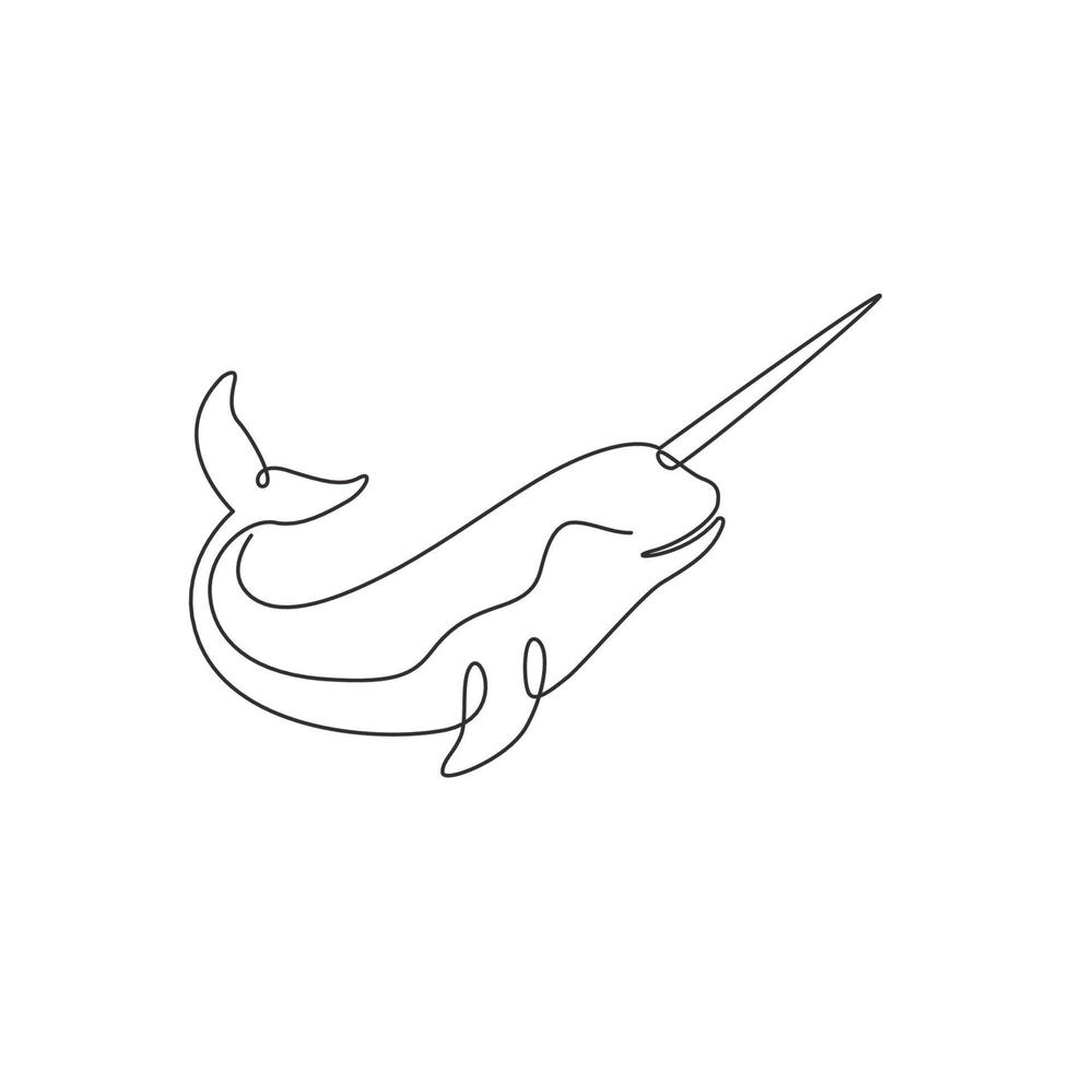 One continuous line drawing of cute narwhal with tusk for marine company logo identity. Unique narwhale mascot concept for fairy creature icon. Single line draw design vector graphic illustration