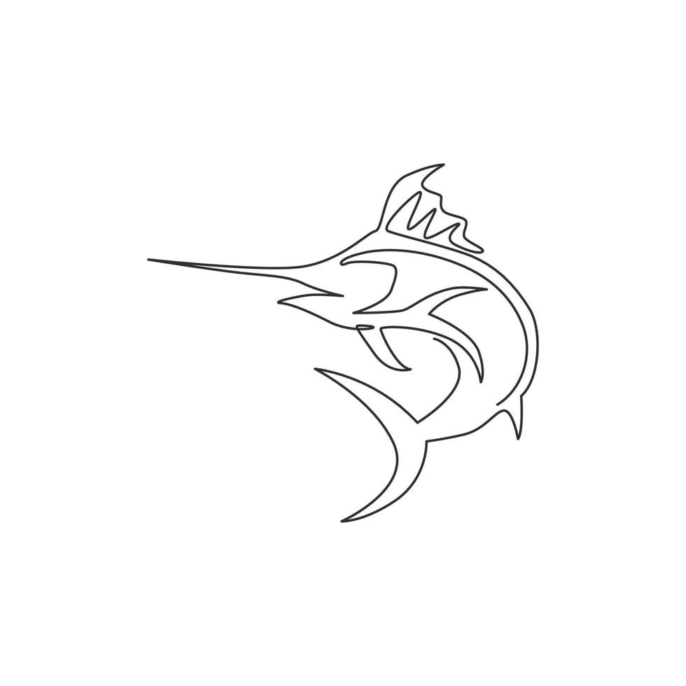 One continuous line drawing of big wild marlin for marine company logo identity. Jumping fish mascot concept for fishing competition icon. Single line draw design vector graphic illustration