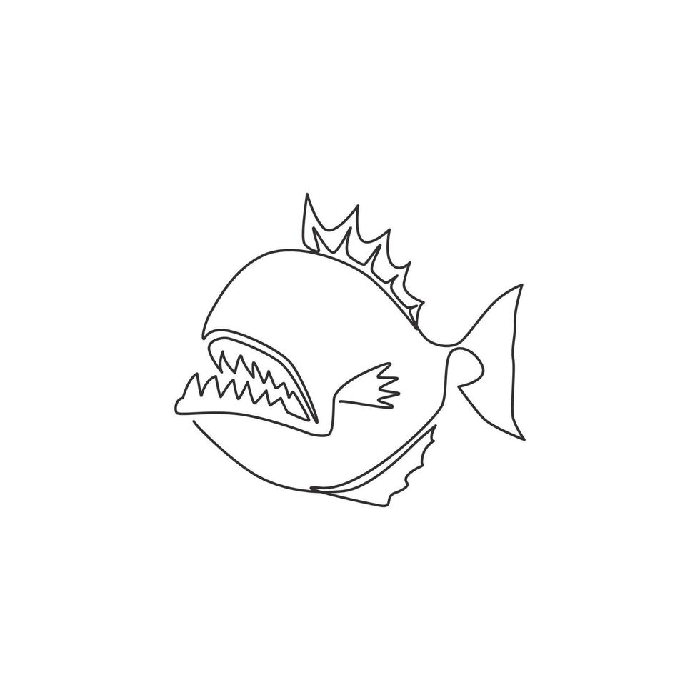 Single continuous line drawing of wild and fierce piranha for logo identity. Monster fish mascot concept for warning dangerous river sign icon. One line draw graphic design vector illustration