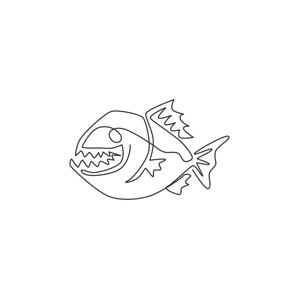 One single line drawing of angry piranha for logo identity. Amazon river fish mascot concept for monster creature icon. Continuous line graphic draw design vector illustration