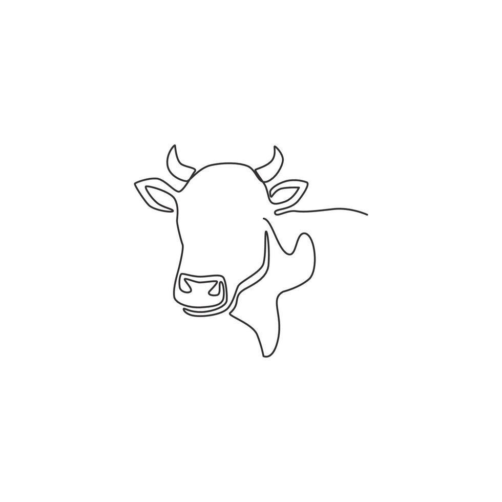 Single continuous line drawing of plump cow head for farming logo identity. Mammal animal mascot concept for livestock icon. One line graphic draw design vector illustration