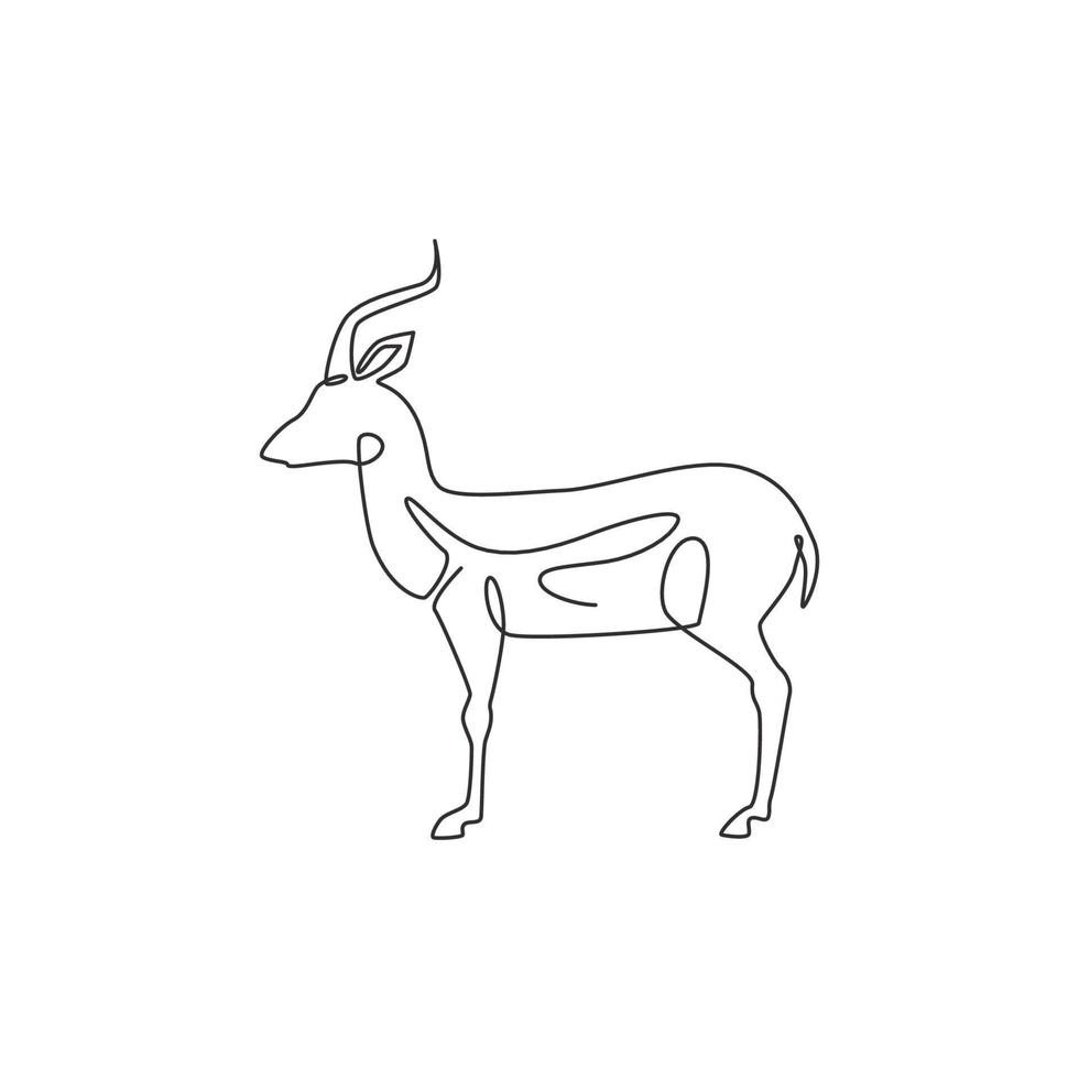 One single line drawing of beauty antelope for logo identity. Horned mammal animal mascot concept for national conservation park icon. Continuous line draw design vector illustration graphic