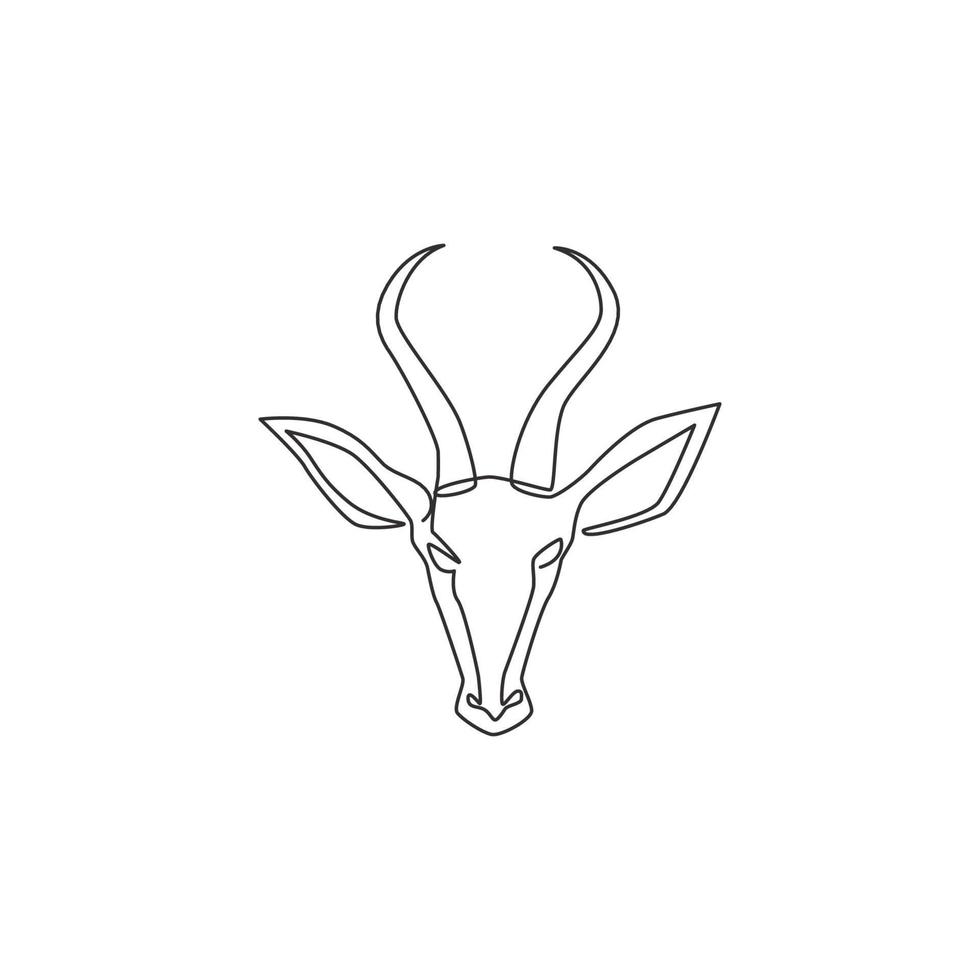 One continuous line drawing of adorable antelope head for company logo identity. Horned gazelle mascot concept for safari park icon. Single line graphic draw design vector illustration