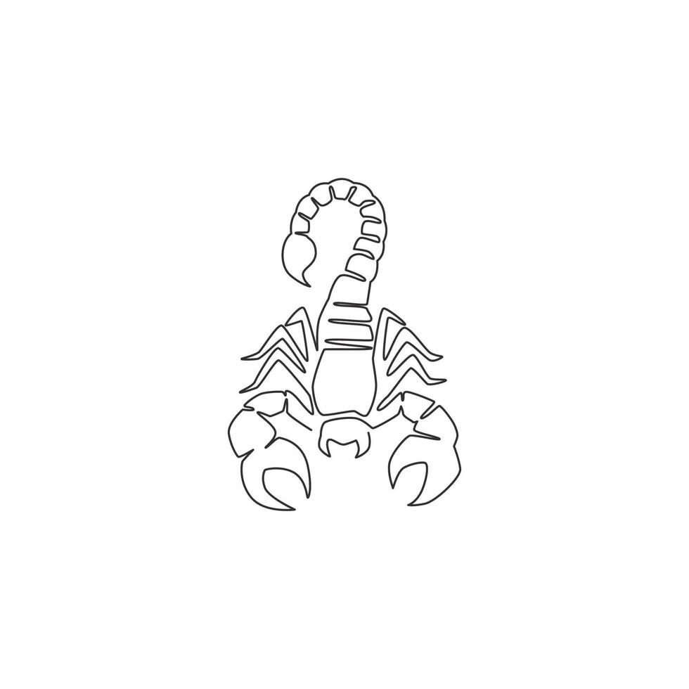 One continuous line drawing of danger scorpion for company logo identity. Dangerous insect mascot concept for poisonous liquid icon. Single line draw design vector illustration graphic