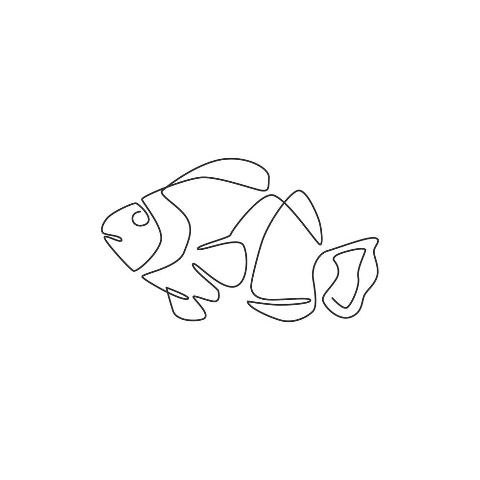 Single continuous line drawing of beauty clownfish for aquatic logo identity. Beautiful anemonefish mascot concept for under water show icon. One line draw graphic design vector illustration