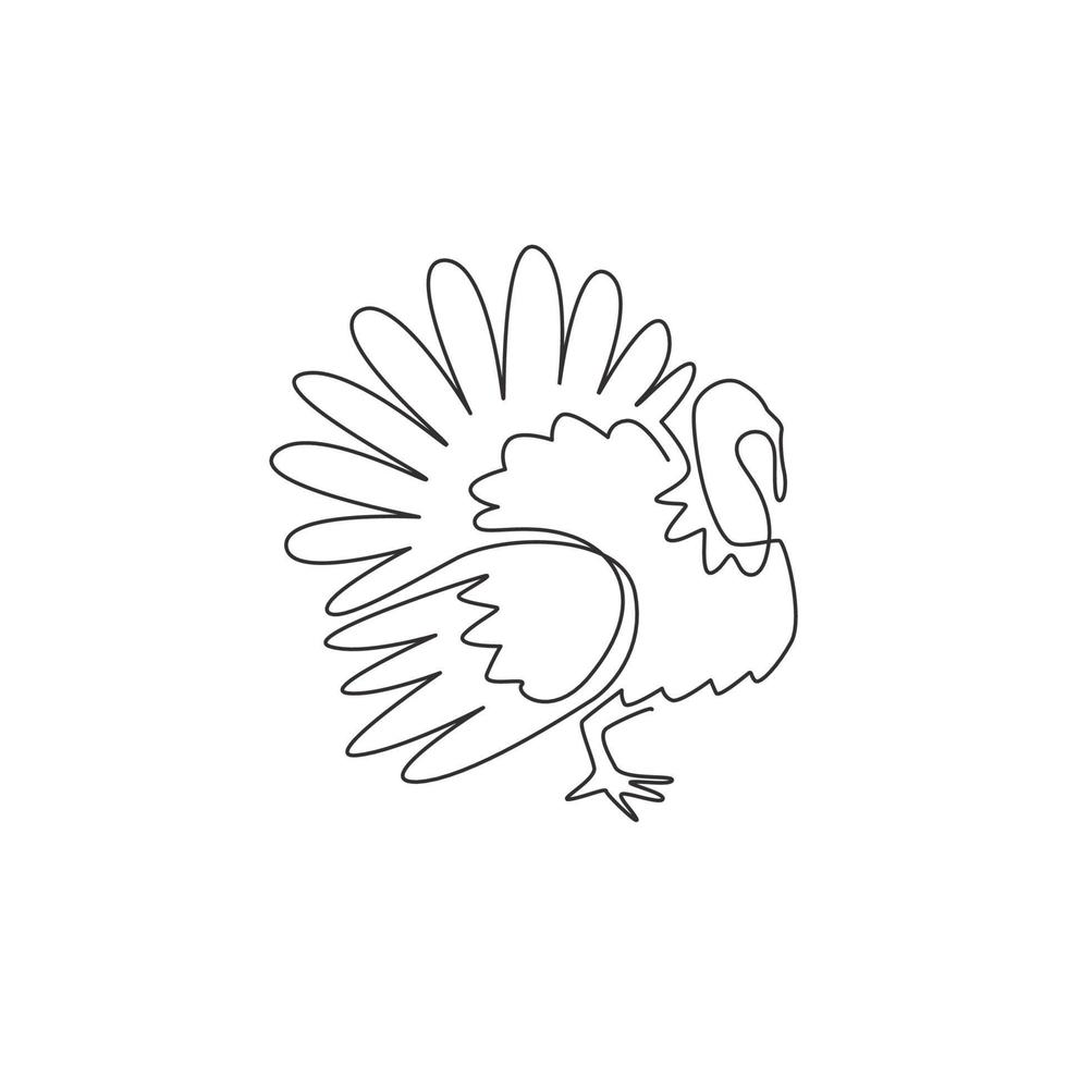 One continuous line drawing of large turkey for livestock logo identity. Giant avian mascot concept for animal husbandry icon. Modern single line graphic draw design vector illustration