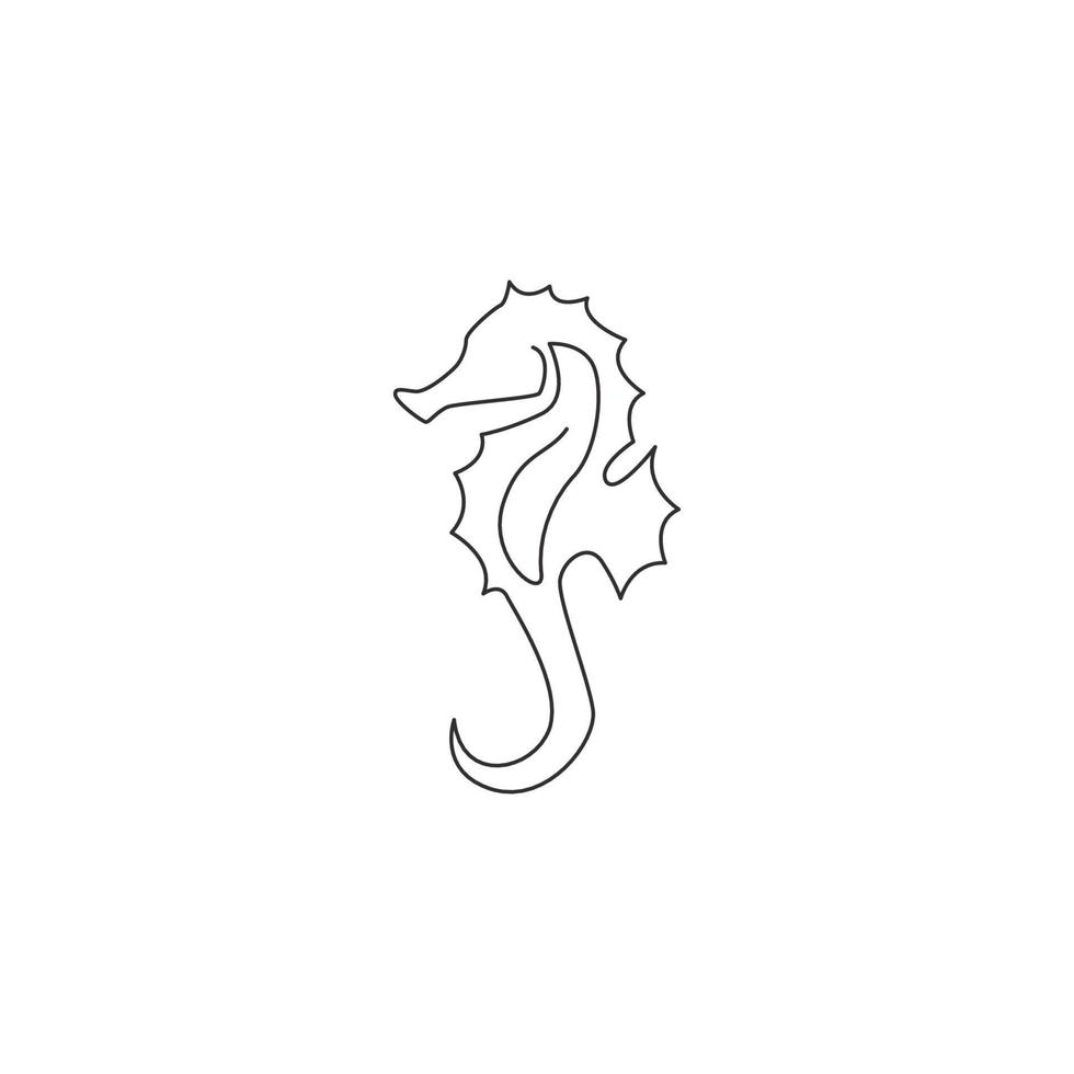 One continuous line drawing of adorable sea horse for logo identity. Little sea monster creature mascot concept for sea world icon. Modern single line draw design vector illustration