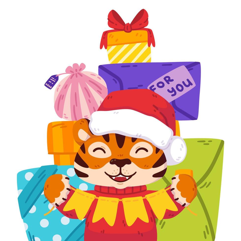 Smiling tiger with santa hat, festive garland flags, presents. Chinese zodiac animal. Symbol of the new year 2022, 2034. Vector illustration isolated on white background.