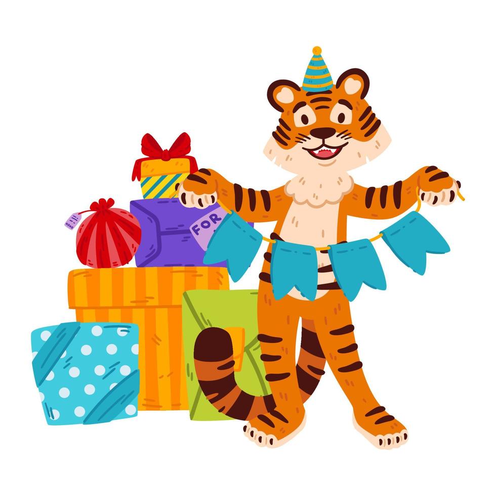 Smiling tiger with party hat, festive garland flags, presents. Chinese zodiac animal. Symbol of the new year 2022, 2034. Vector illustration isolated on white background.