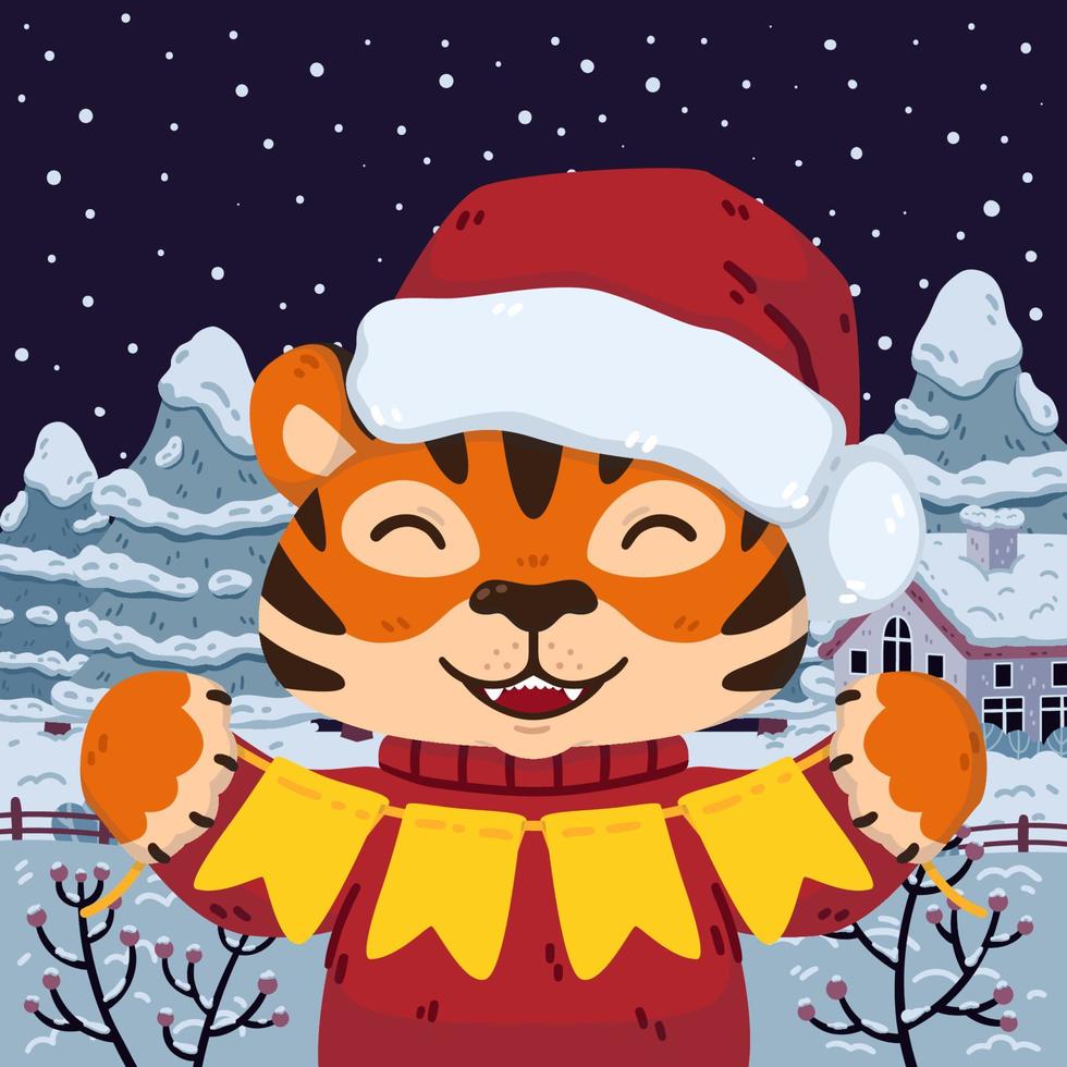 Smiling tiger with santa hat festive garland flags against the backdrop of winter landscape. Chinese zodiac animal. Symbol of the new year 2022 2034. Vector illustration isolated on white background.