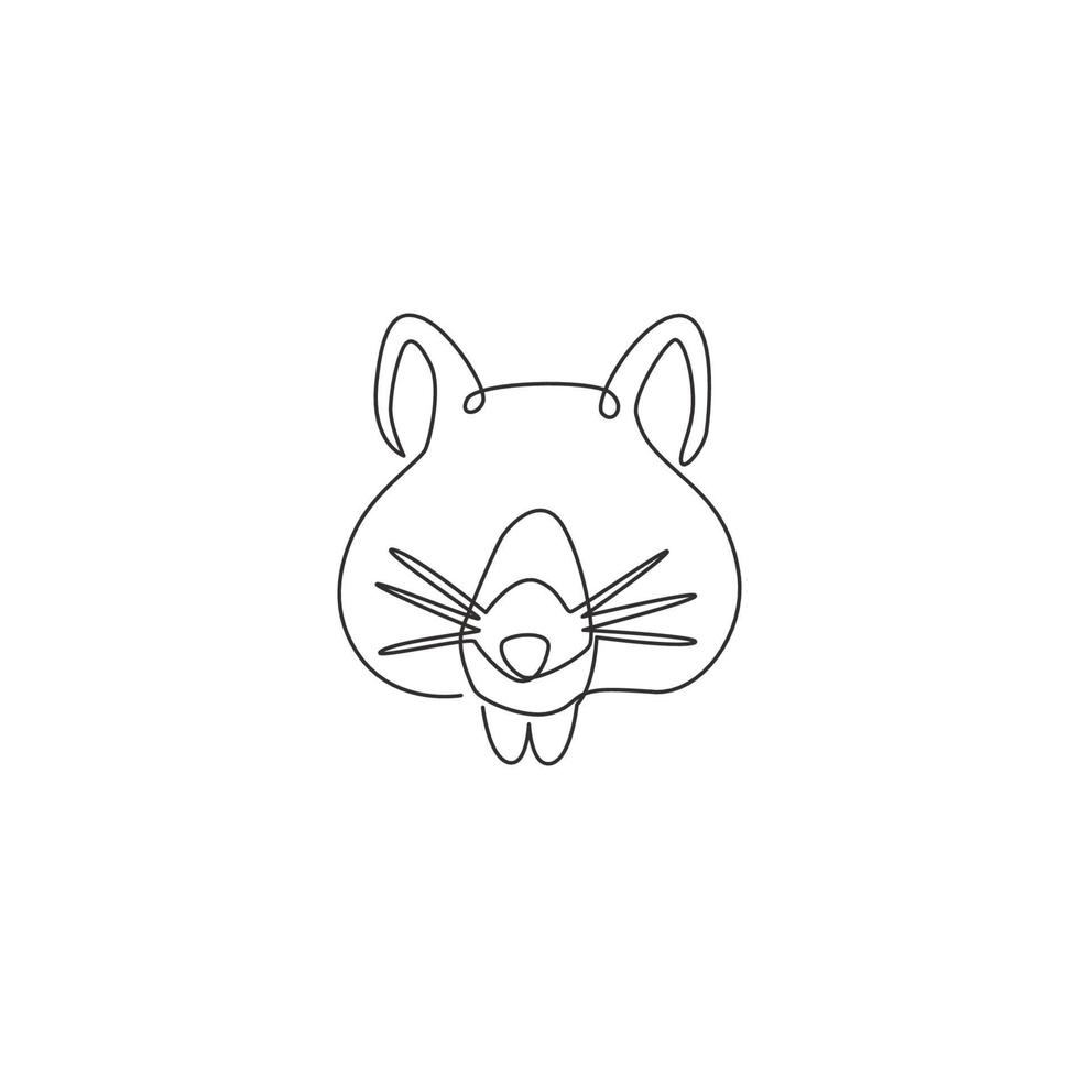 One continuous line drawing of adorable hamster head for logo identity. Rat family animal mascot concept for hamster farm icon. Modern single line draw design vector illustration