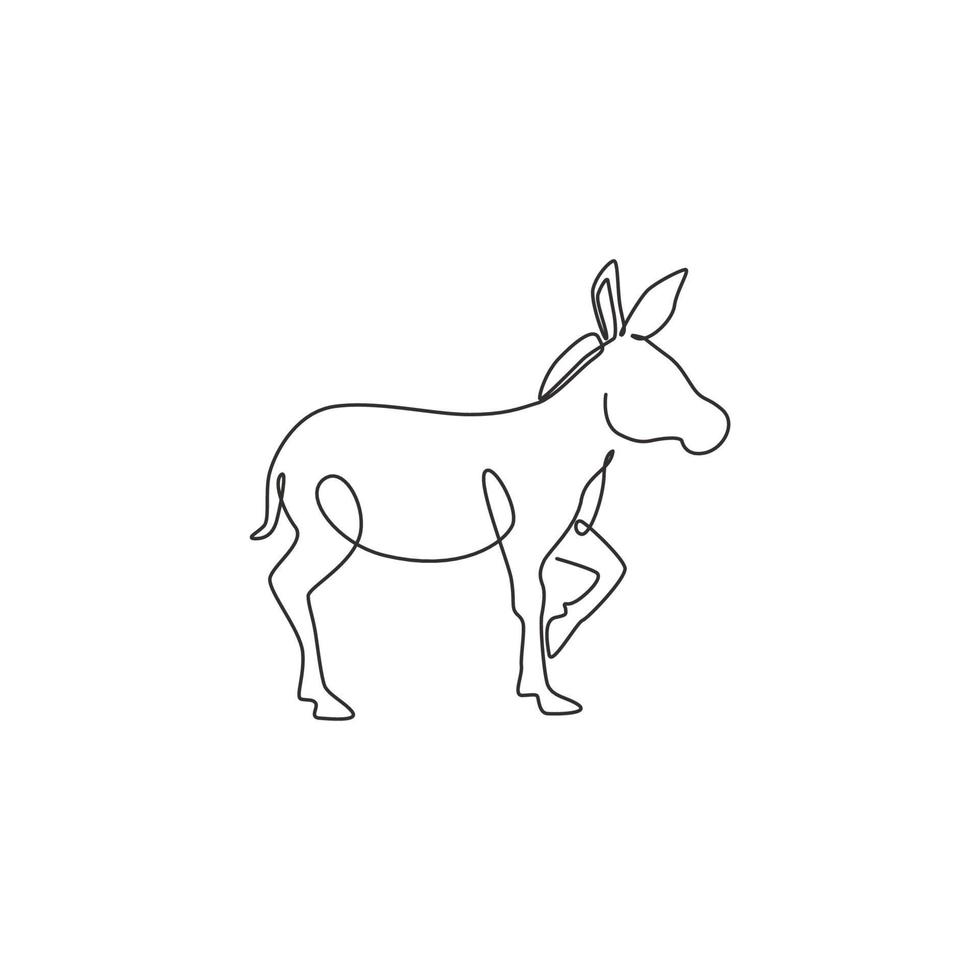 Single continuous line drawing of walking donkey for ranch logo identity. Tiny horse size mascot concept for donkey farm icon. Modern one line draw design vector illustration