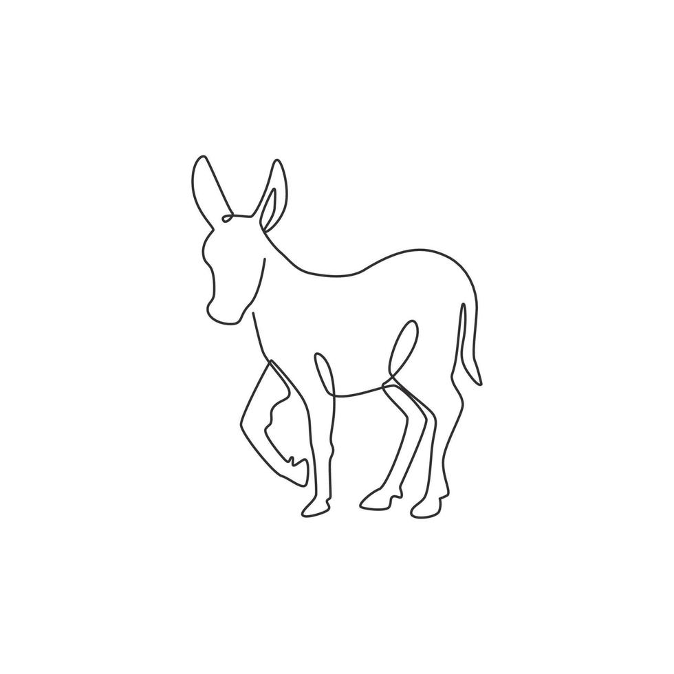 un dibujo de una sola línea de un lindo burro caminando para la identidad del logotipo de la granja. concepto de mascota de caballo pequeño para el icono del zoológico nacional. Ilustración de vector de diseño de dibujo de línea continua moderna