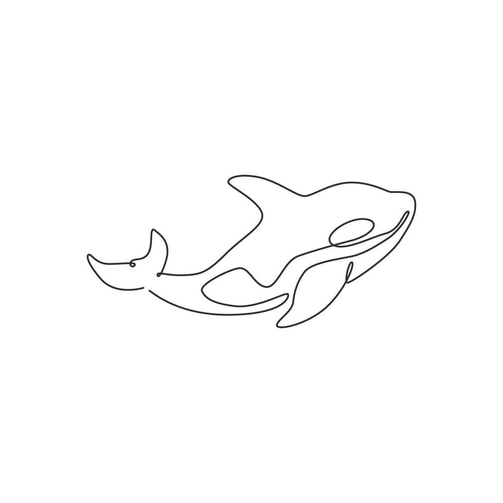 Single continuous line drawing of big adorable orca for company logo identity. Killer whale mascot concept for scuba diving lover icon. Modern one line draw design vector illustration