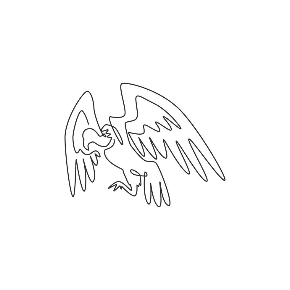 One continuous line drawing of scary vulture for foundation logo identity. Big bird mascot concept for bird conservation icon. Modern single line draw design graphic vector illustration