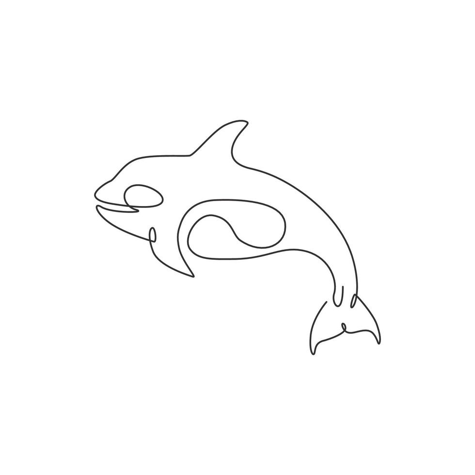 One single line drawing of big cute orca for company logo identity. Orcinus whale mascot concept for national aquatic zoo icon. Modern continuous line draw design vector illustration