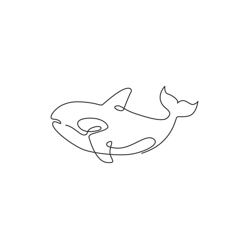 One continuous line drawing of cute orca for marine logo identity. Killer whale mascot concept for sea world show icon. Modern single line draw design vector illustration