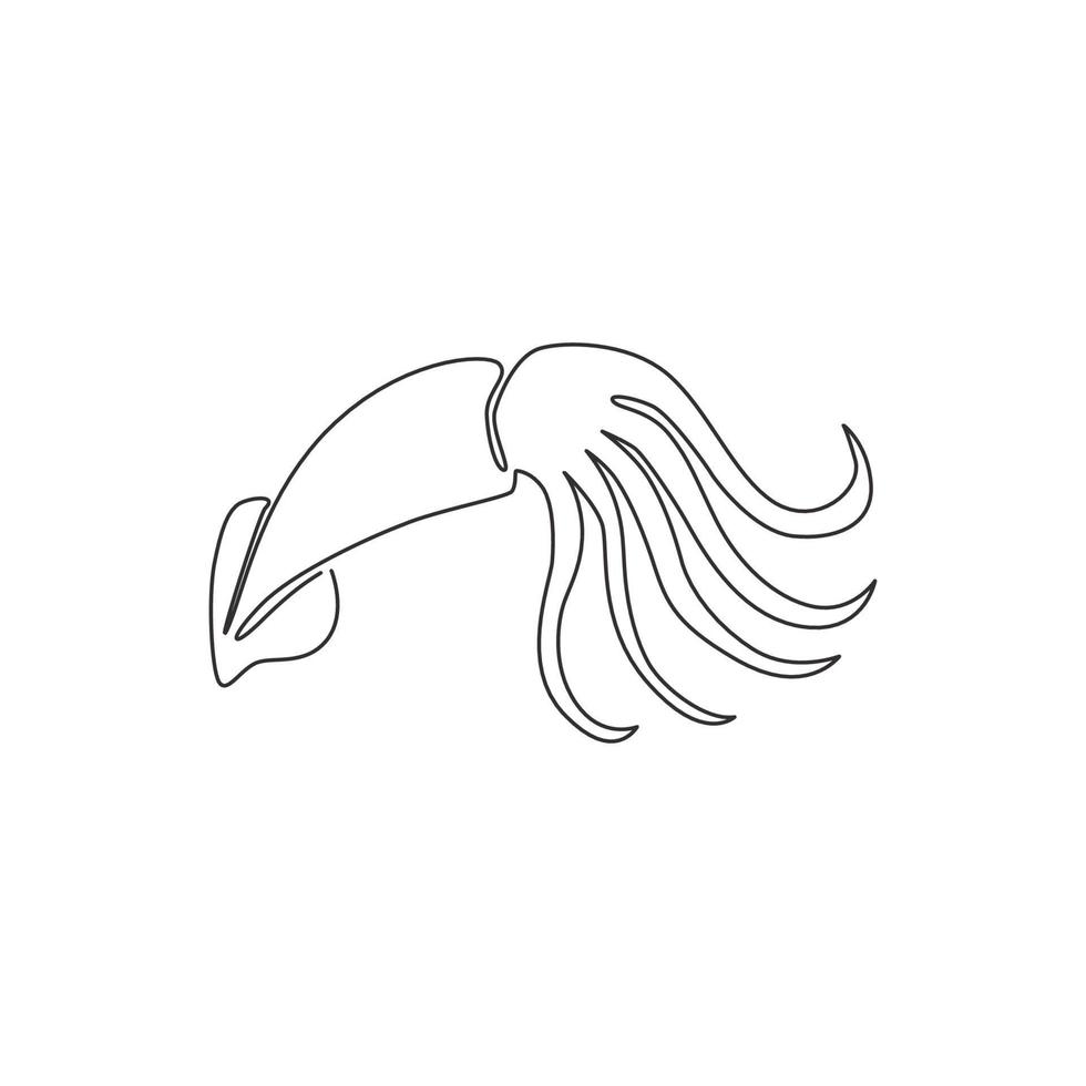 One single line drawing of beauty squid for Chinese restaurant logo identity. Large cuttlefish mascot concept for fresh and healthy seafood icon. Modern continuous line draw design vector illustration