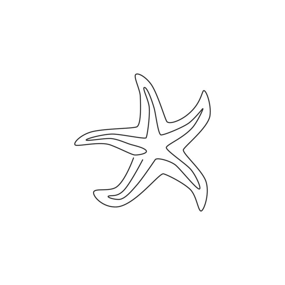 Single continuous line drawing of adorable sea star for nautical logo identity. Starfish animal mascot concept for beach ornament icon. Modern one line draw design vector illustration