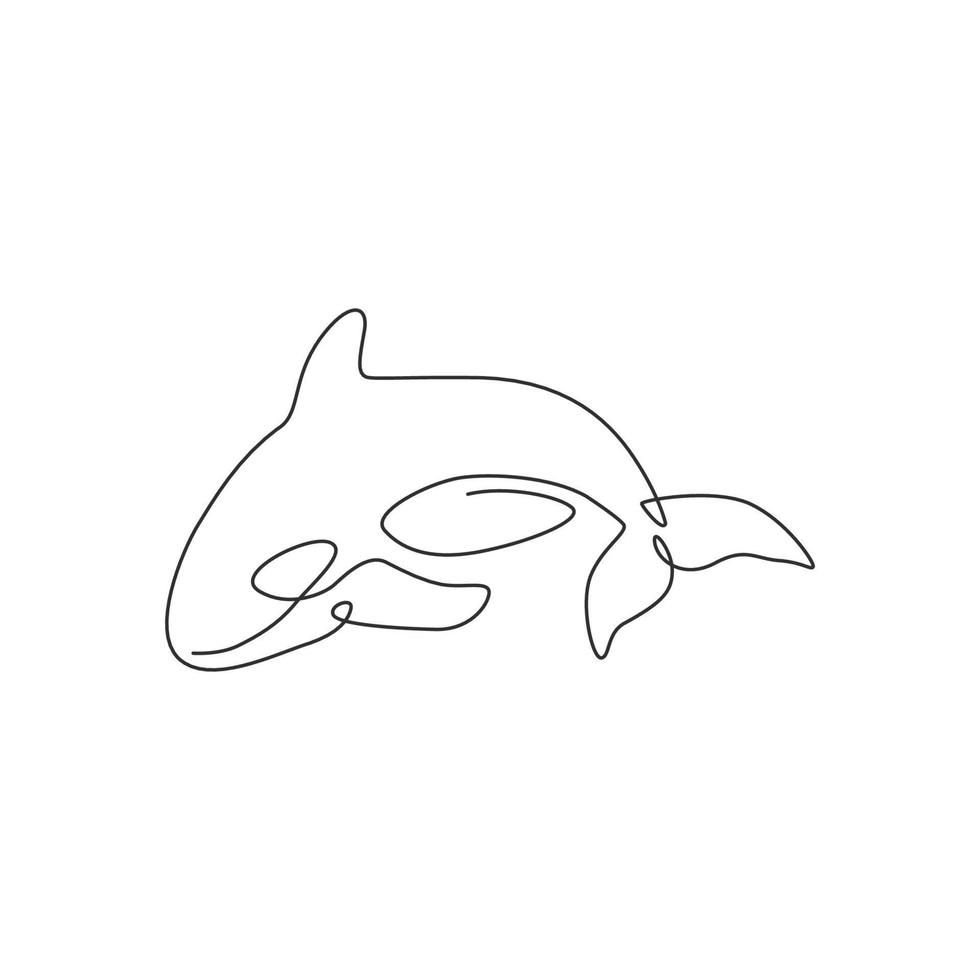 One continuous line drawing of cute orca for marine logo identity. Killer whale mascot concept for sea world show icon. Modern single line draw design vector illustration