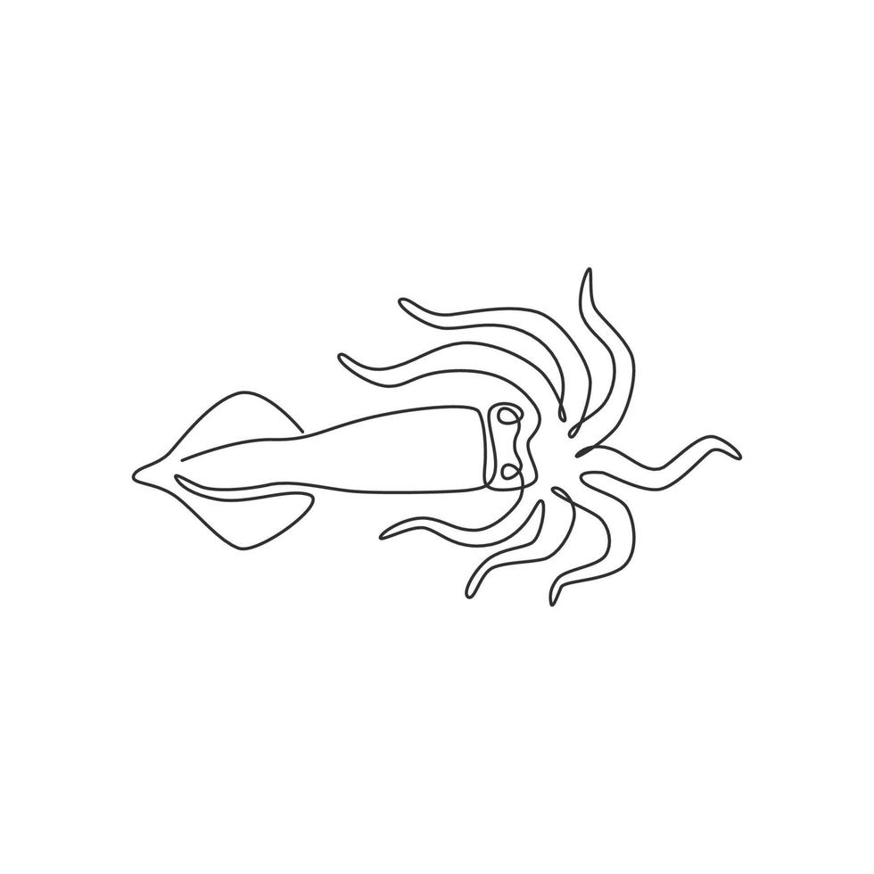 un dibujo de línea continua de un lindo calamar para la identidad del logotipo de mariscos. concepto de mascota de sepia de mar para el icono de restaurante chino. Ilustración de vector de diseño de dibujo de línea única moderna