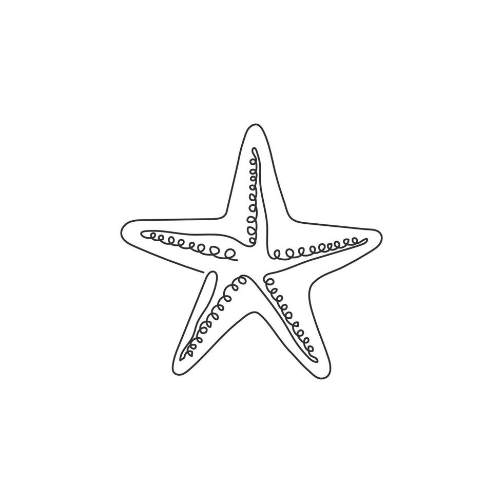 One continuous line drawing of cute starfish for marine logo identity. Sea star creature mascot concept for beachy icon. Modern single line draw design vector illustration