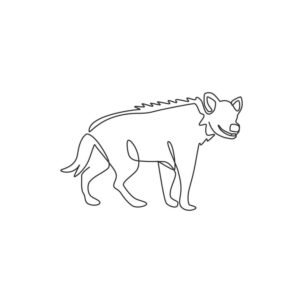 One single line drawing of scary spotted hyena for company logo identity. Scavenger animal mascot concept for national conservation park icon. Modern continuous line draw design vector illustration