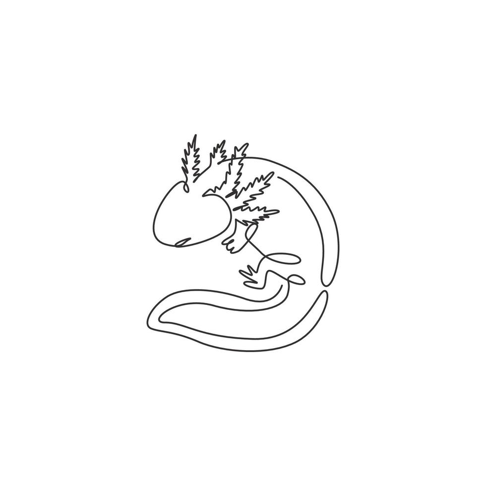 One continuous line drawing of cute axolotl for company logo identity. Water salamander mascot concept for pet lover club icon. Modern single line draw design graphic vector illustration