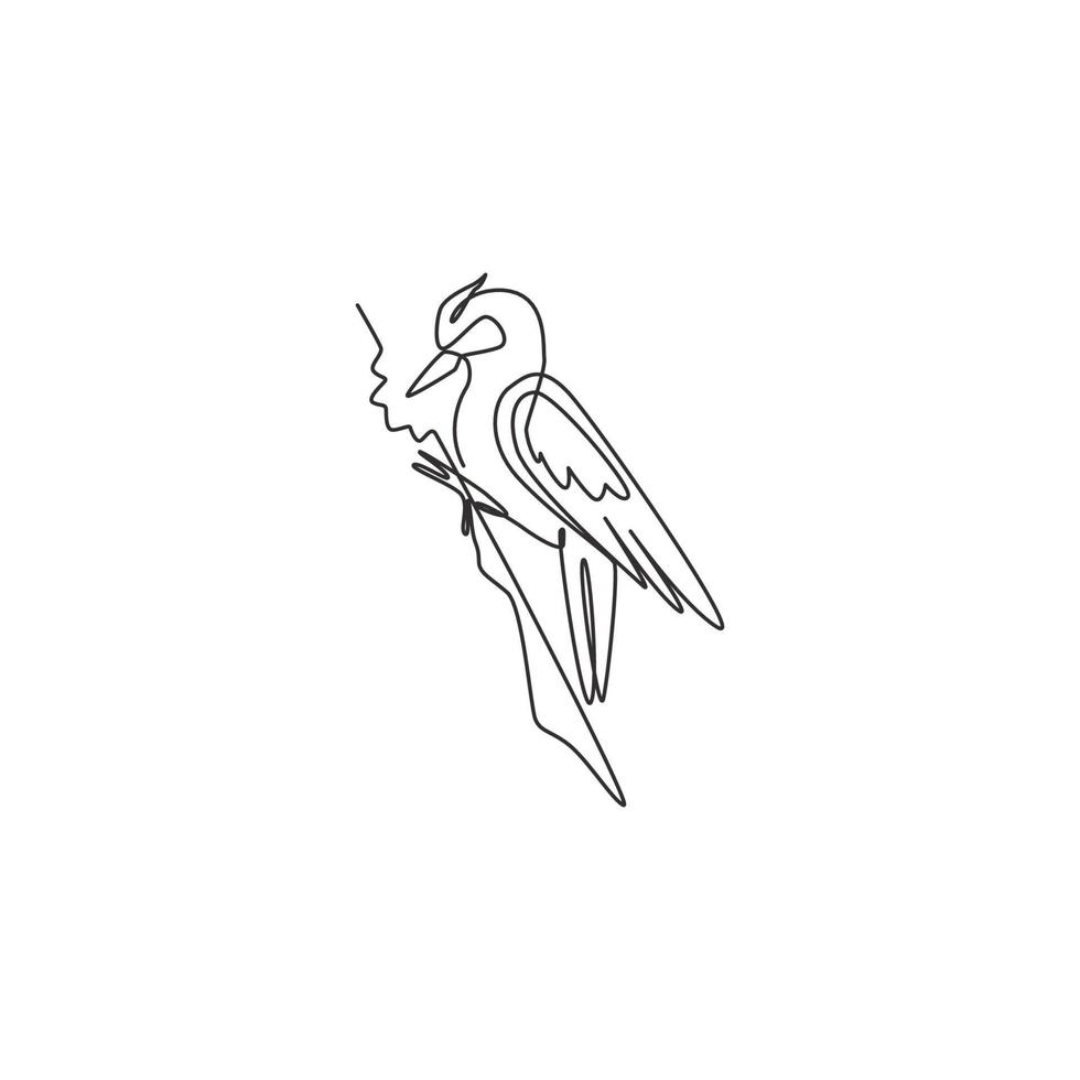 One continuous line drawing of cute woodpecker on wood tree. Beak drummer bird mascot concept for national zoo icon. Modern single line draw design graphic vector illustration
