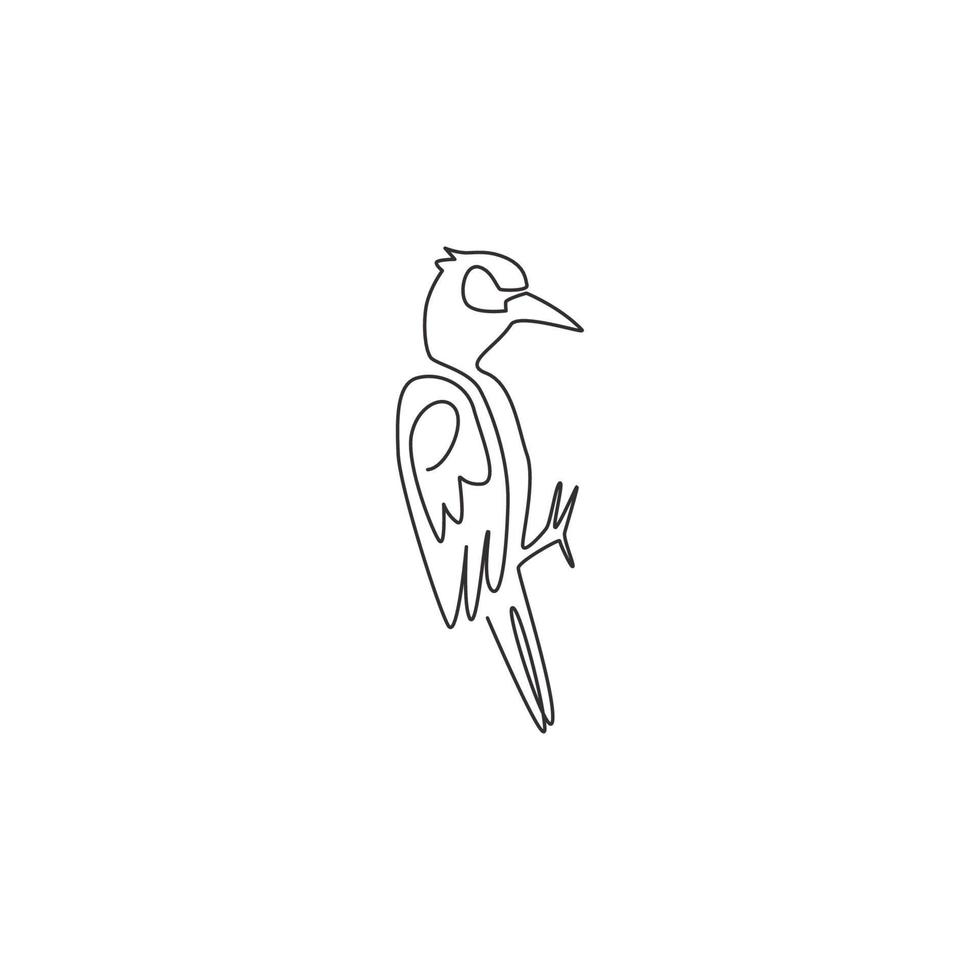 One continuous line drawing of cute woodpecker on tree. Beak drummer bird mascot concept for national zoo icon. Modern single line draw design graphic vector illustration