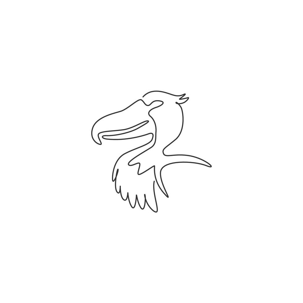 One continuous line drawing of big cute shoebill head for company logo identity. Enormous bird mascot concept for national zoo icon. Modern single line draw design vector graphic illustration