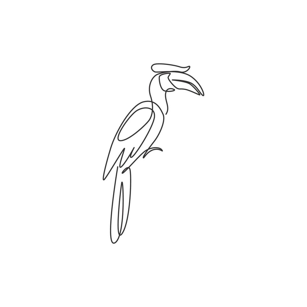 One single line drawing of adorable hornbill for zoo logo identity. Large size bird mascot concept for bird lover club icon. Modern continuous line draw design graphic vector illustration