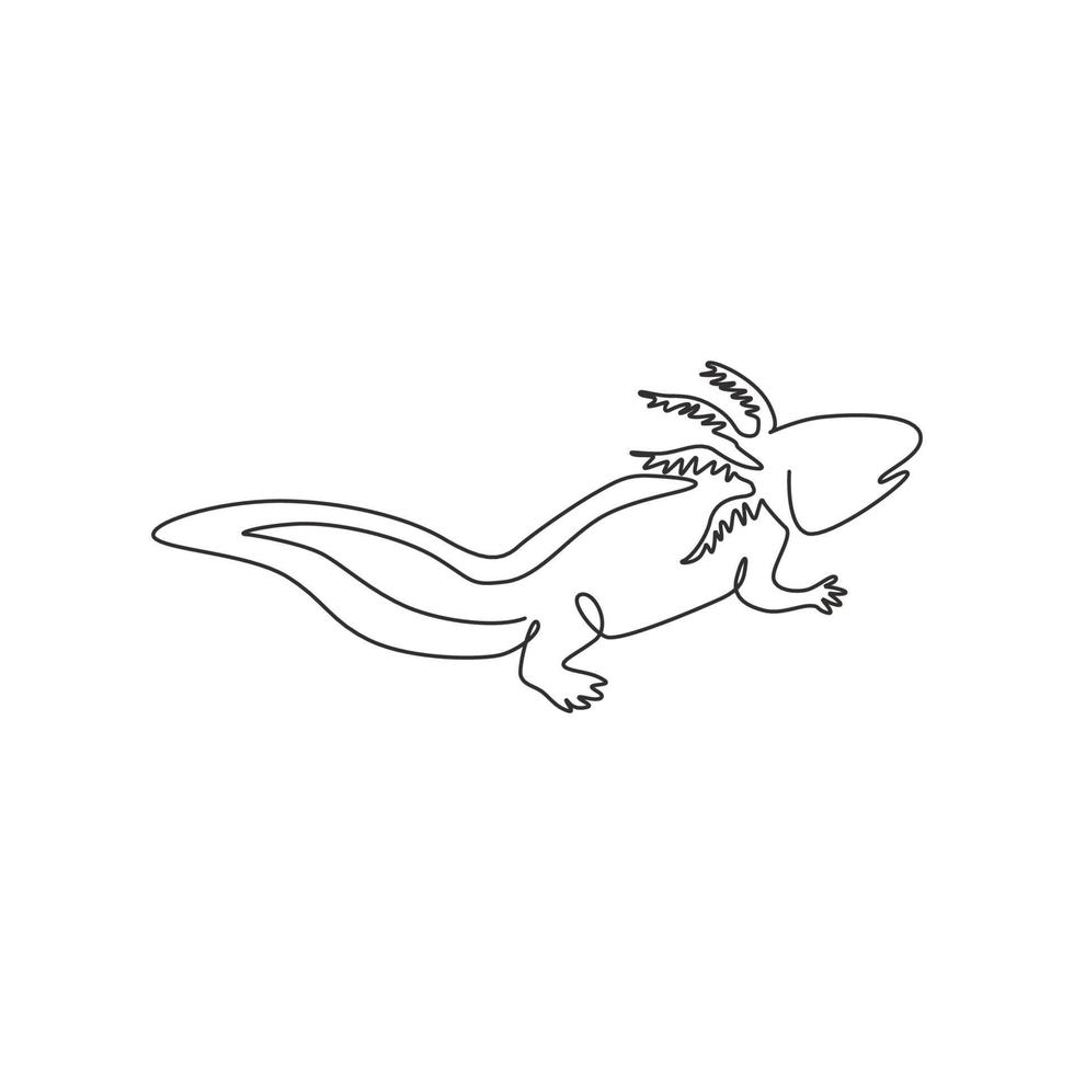 One single line drawing of adorable axolotl for company logo identity. Neotenic salamander mascot concept for aquatic creature icon. Modern continuous line draw design graphic vector illustration