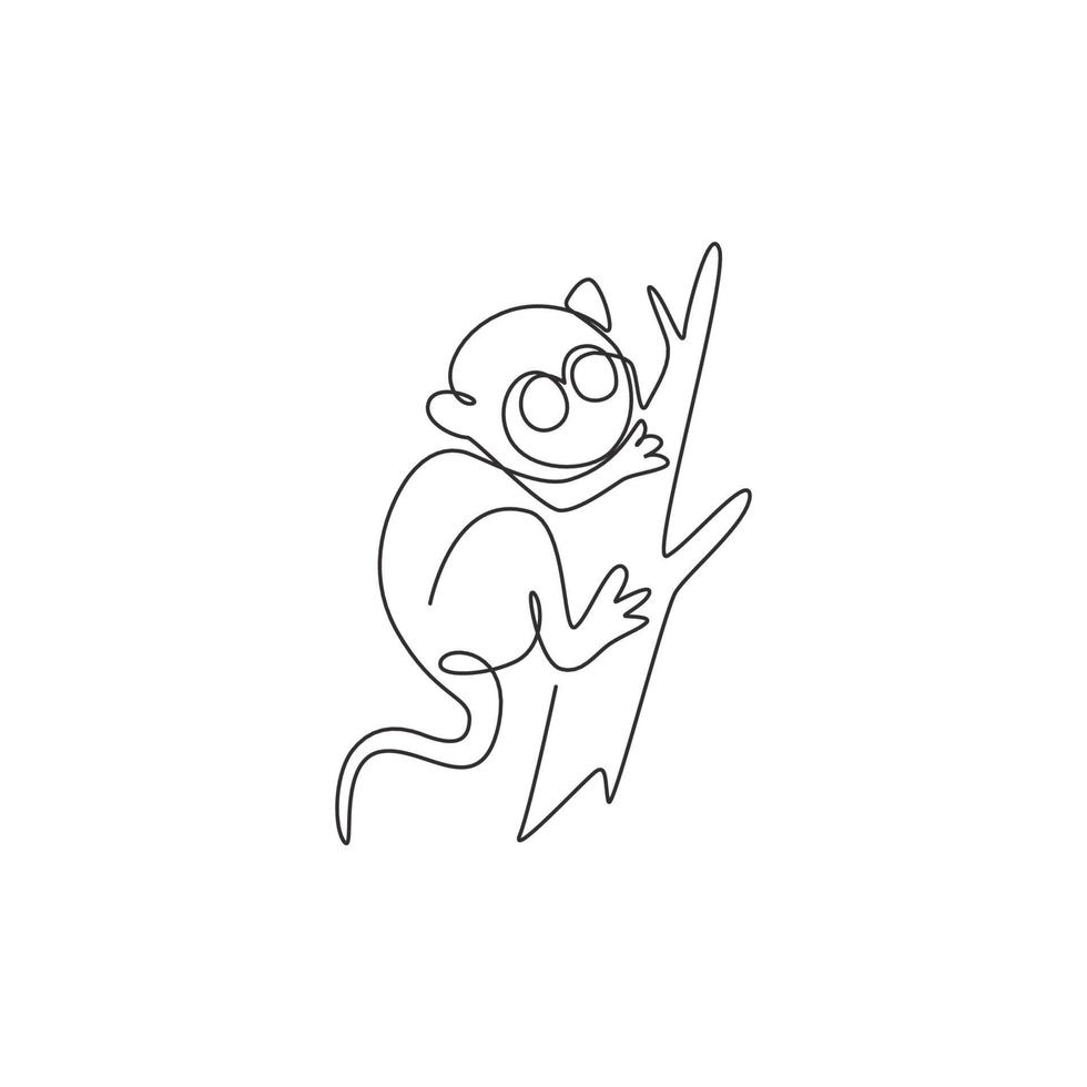 Single continuous line drawing of adorable tarsier for company logo identity. Tiny monkey animal mascot concept for national conservation park icon. Modern one line draw design vector illustration