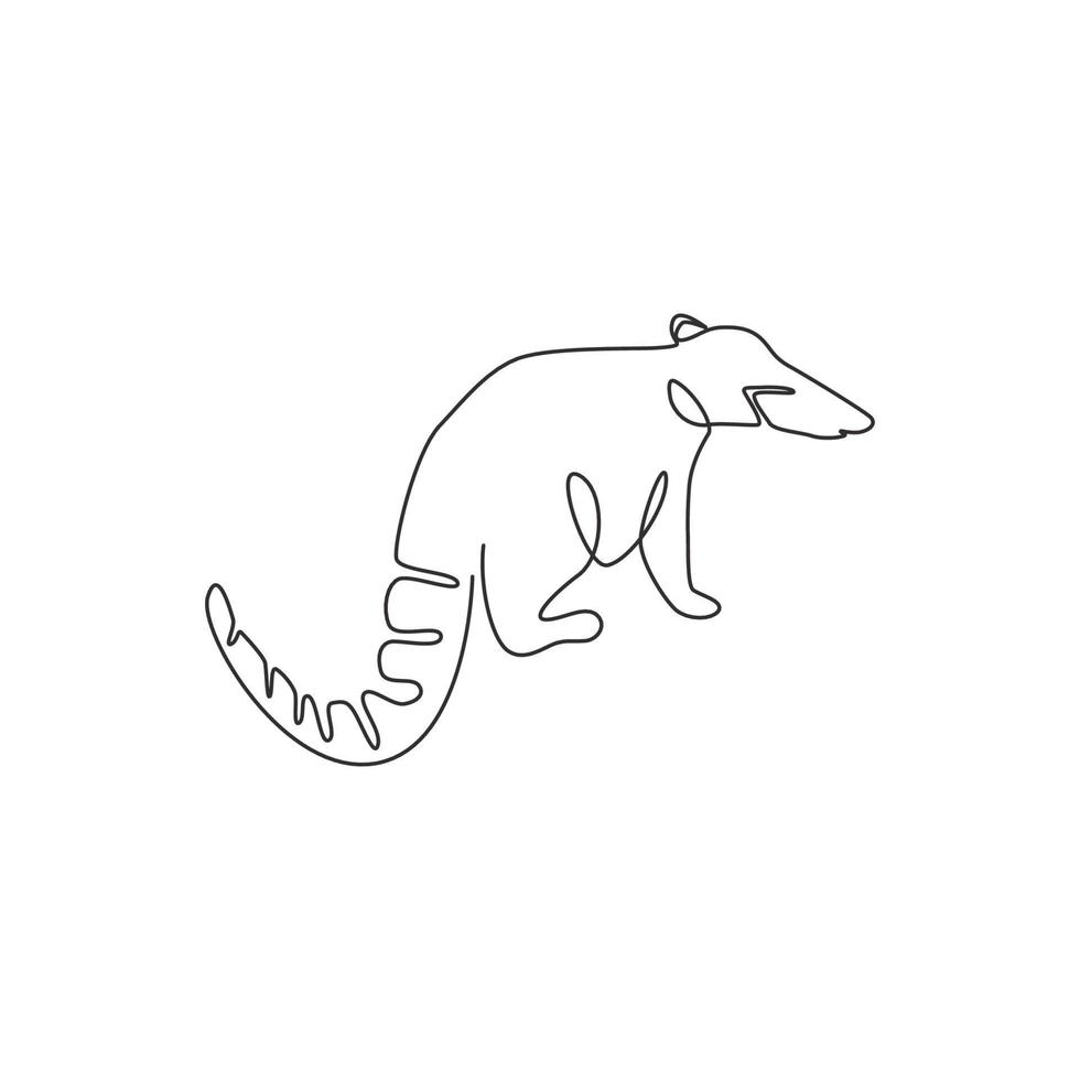 dibujo de una sola línea de un hermoso coatí para la identidad del logotipo de la empresa. concepto de mascota de mamíferos diurnos para el icono del parque nacional de conservación. Ilustración de vector de diseño de dibujo de línea continua moderna