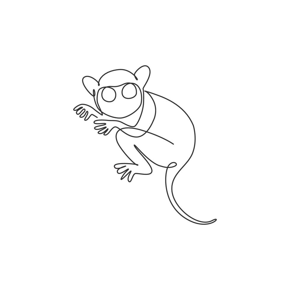 One continuous line drawing of cute tarsier for company logo identity. Little monkey with big eyes mascot concept for national zoo icon. Modern single line draw design graphic vector illustration
