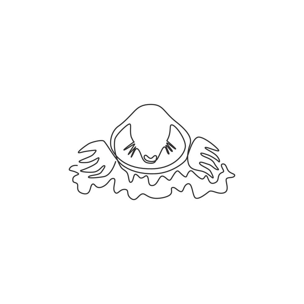 One continuous line drawing of cute lawn mole head out from ground for logo identity. Rodent animal mascot concept for pest control service icon. Modern single line draw design vector illustration