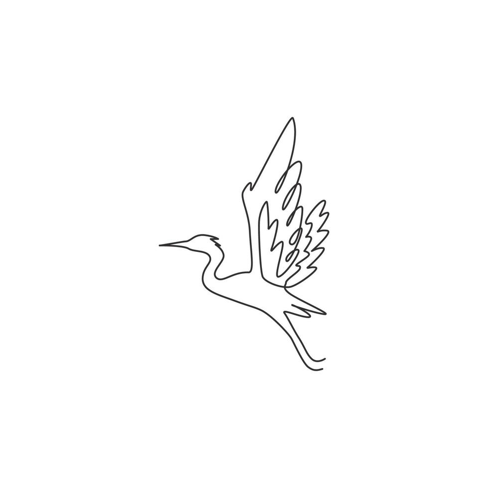 One single line drawing of beautiful flying heron for company logo identity. Long legged freshwater bird mascot concept for national zoo icon. Modern continuous line draw design vector illustration