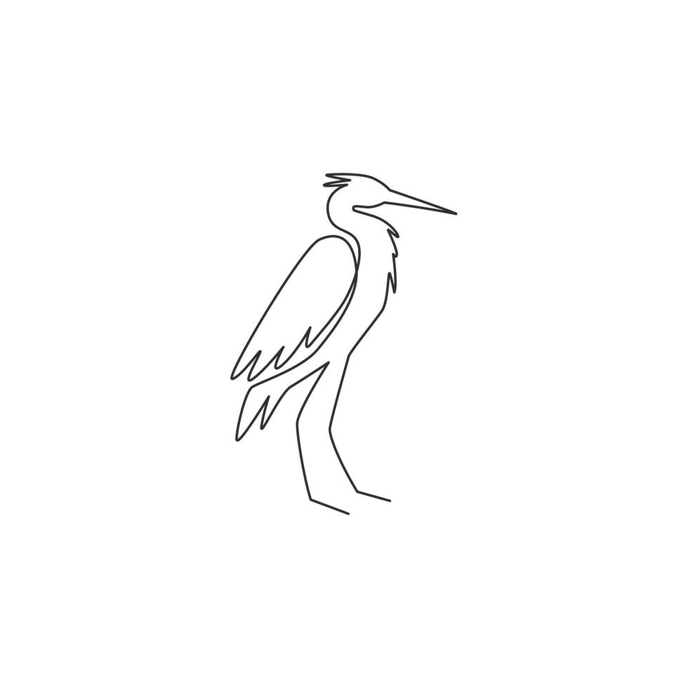 Single continuous line drawing of adorable standing heron for company logo identity. Long beak bird mascot concept for national conservation park icon. Modern one line draw design vector illustration