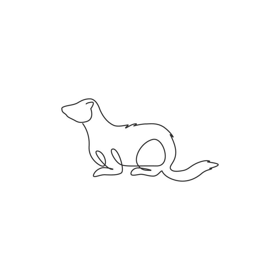 One continuous line drawing of adorable ferret for company logo identity. Sexually dimorphic predators mascot concept for pet lover club icon. Modern single line draw design vector illustration