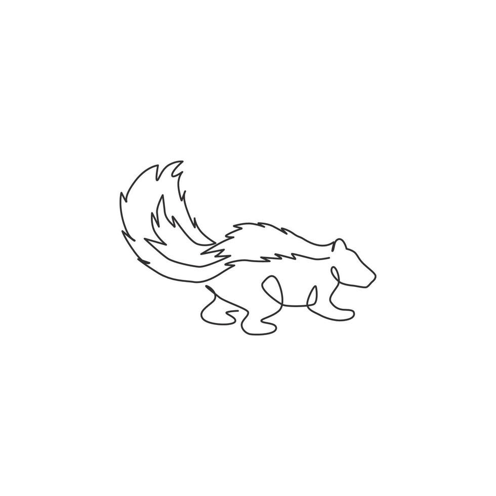 One single line drawing of adorable striped skunk for company logo identity. Sprayer liquid with stink smell animal mascot concept for zoo icon. Modern continuous line draw design vector illustration