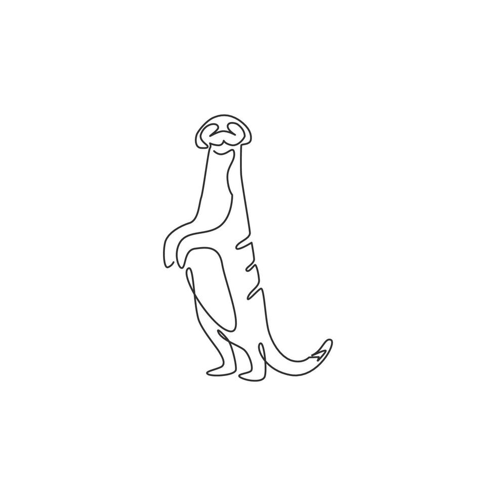 One continuous line drawing of cute meerkat for company logo identity. Little mongoose carnivore mascot concept for national conservation park icon. Modern single line draw design vector illustration
