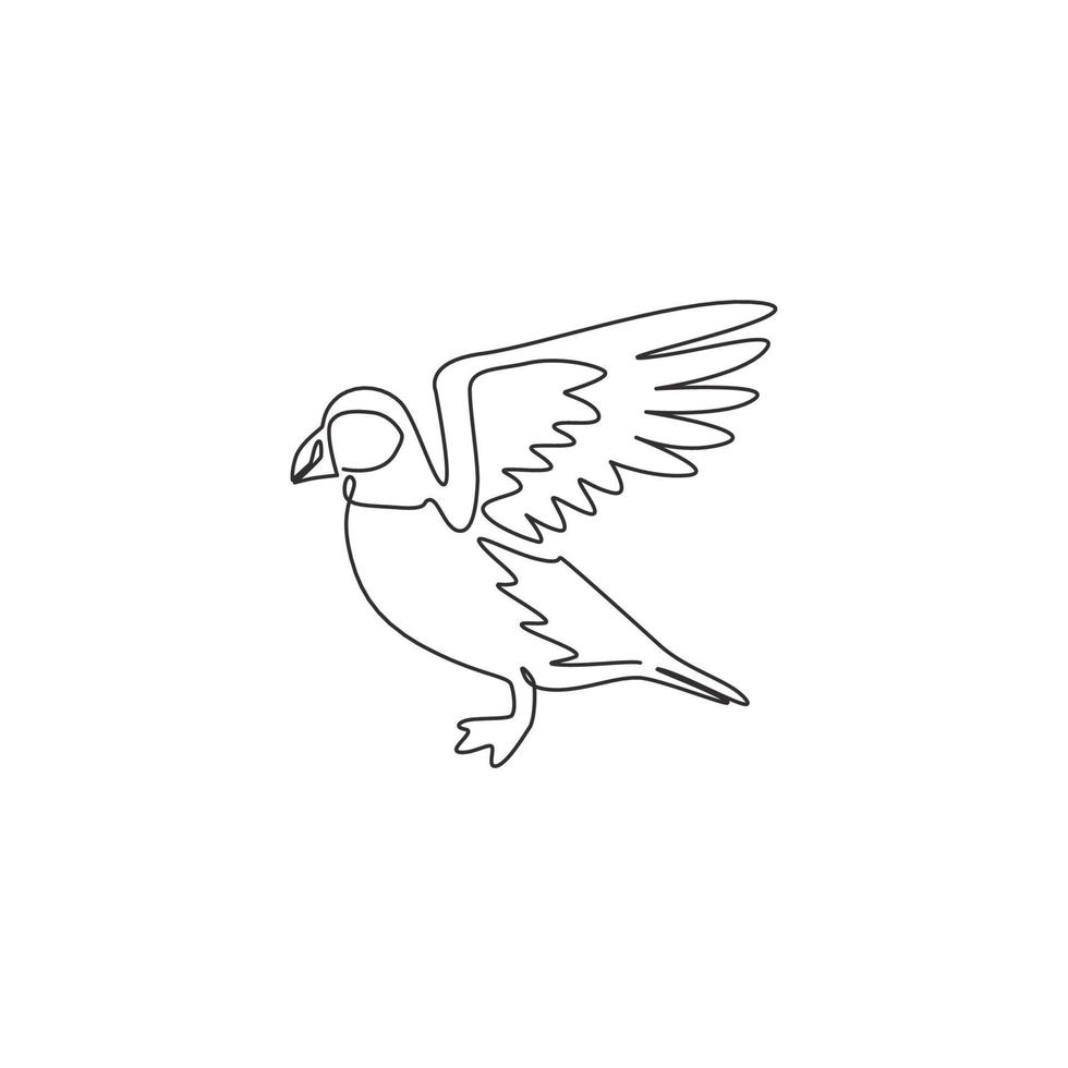 One single line drawing of adorable puffin for foundation logo identity. Water diver bird mascot concept for national zoo icon. Modern continuous line draw design graphic vector illustration