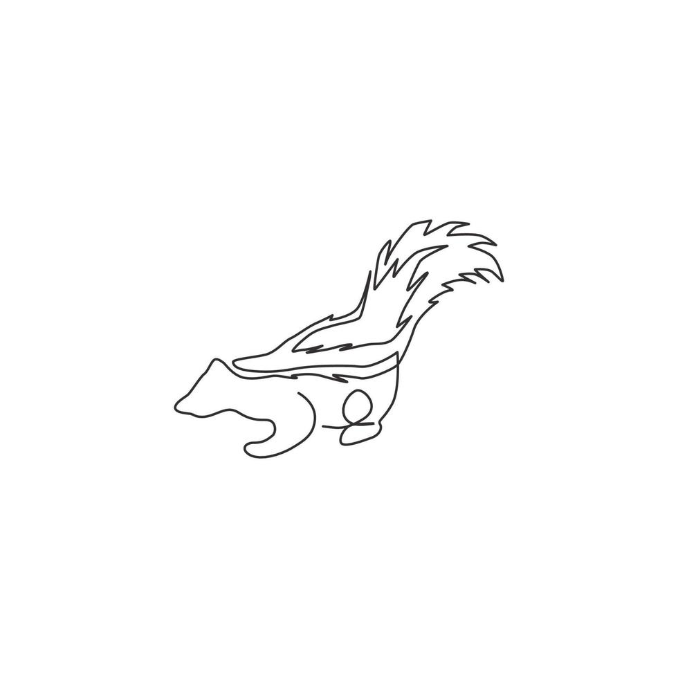 un dibujo de línea continua de una linda mofeta rayada para la identidad del logotipo. Mephitidae concepto de mascota de mamífero de américa del norte y del sur para el icono del zoológico nacional. Ilustración de vector de diseño de dibujo de línea única moderna