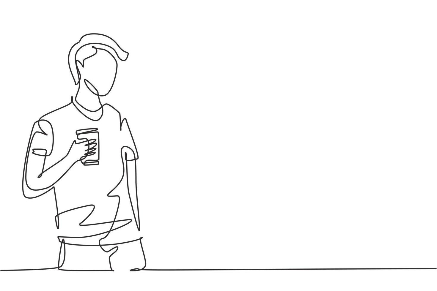 Continuous one line drawing young man holding a cup of coffee while thinking about tomorrow's work plans. Success and relaxing lifestyle concept. Single line draw design vector graphic illustration