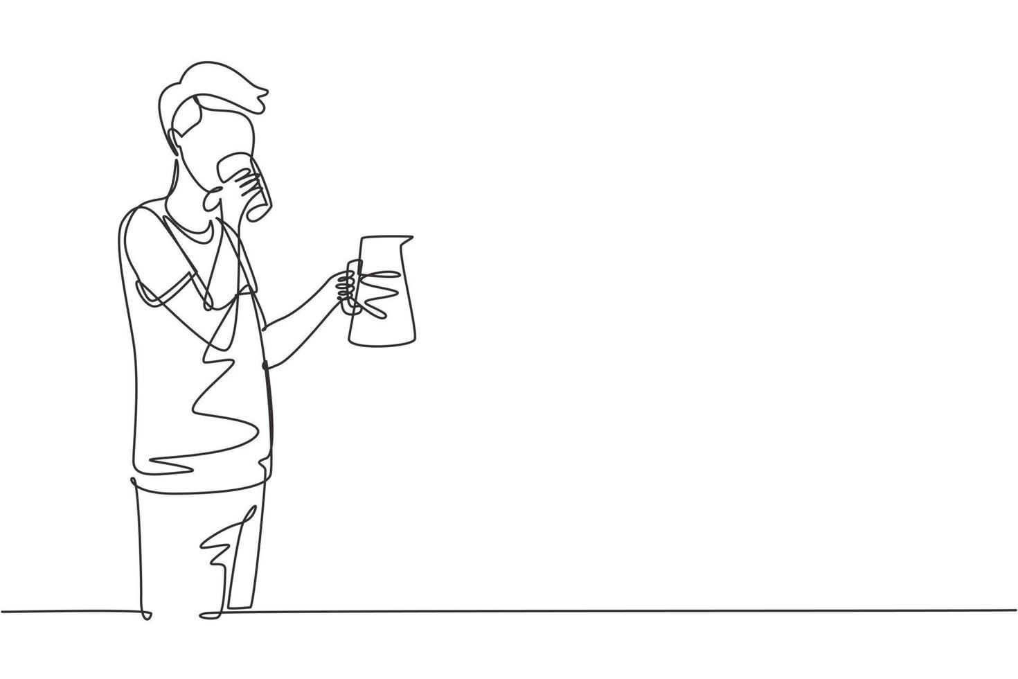 Single continuous line drawing young man drinking holding glass in right hand and jug in left hand vector