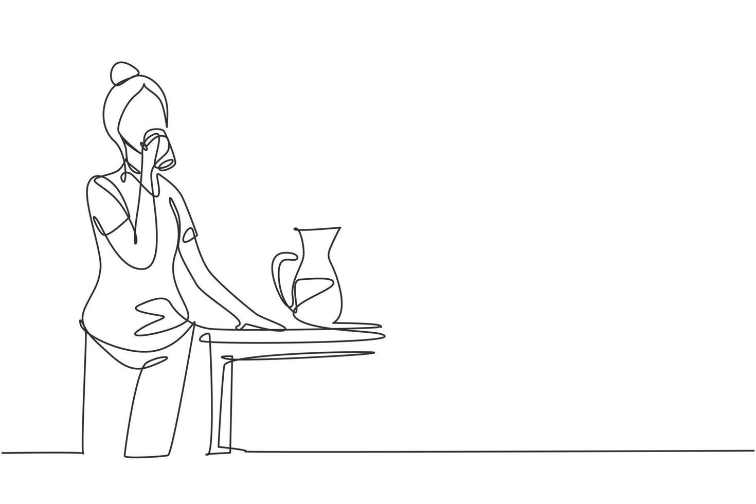 Single one line drawing young woman standing and drinking water in a glass from a jug. Take a break while cleaning house. Happy person. Modern continuous line draw design graphic vector illustration